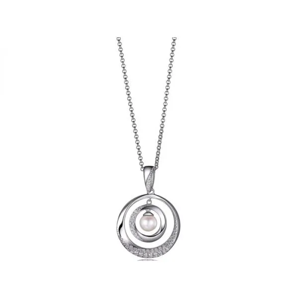 Rhodium Sterling Silver Pendant with 6-6.5mm freshwater Pearl and CZ's. Cable Chain 18