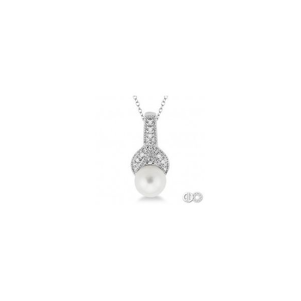 Rhodium Sterling Silver Pendant with One 6.5mm Freshwater Pearl and  0.03 tw Diamonds. Cable Chain 18