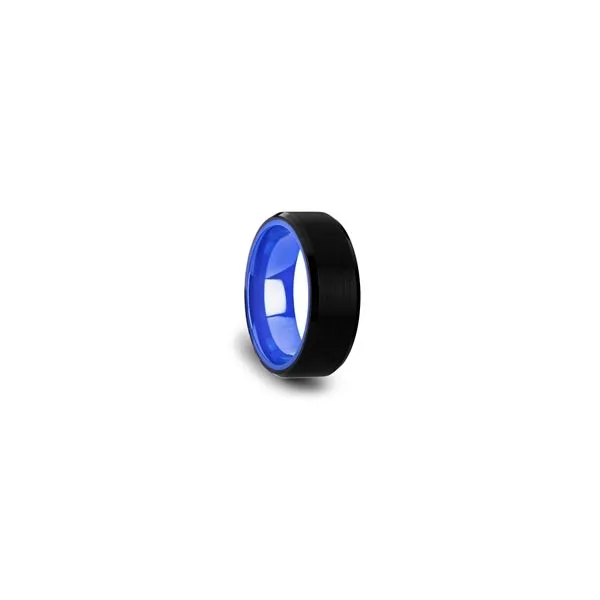 Black Tungsten Comfort Fit  Band with Brush Center Bright Bevels and Deep Blue inside color - 8mm- size 10 Barnes Jewelers Goldsboro, NC