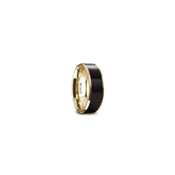 Gold Plated Tungsten Polished Beveled Ring with Brushed Black Center - 8mm - Size 10 Barnes Jewelers Goldsboro, NC
