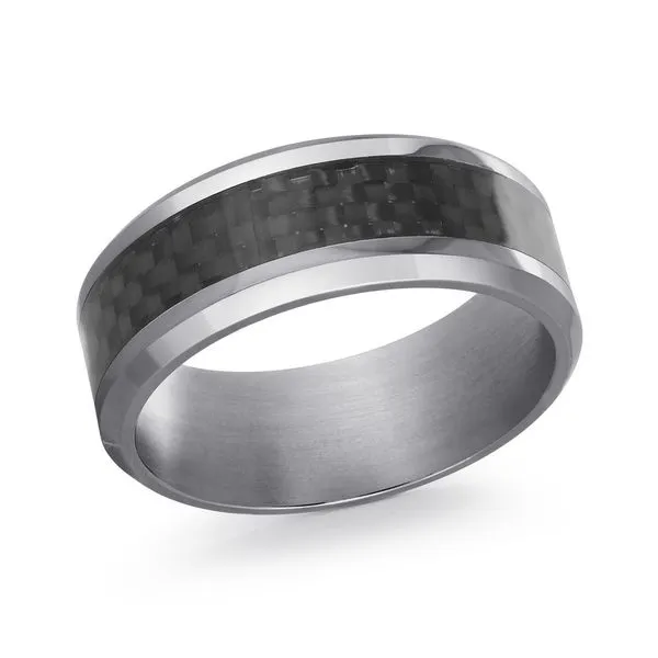 MALO  Carbon Fiber Inlay Tantalum Wedding Band with Beveled Edge, 8MM, Size 10  TANT-013-8 Barnes Jewelers Goldsboro, NC