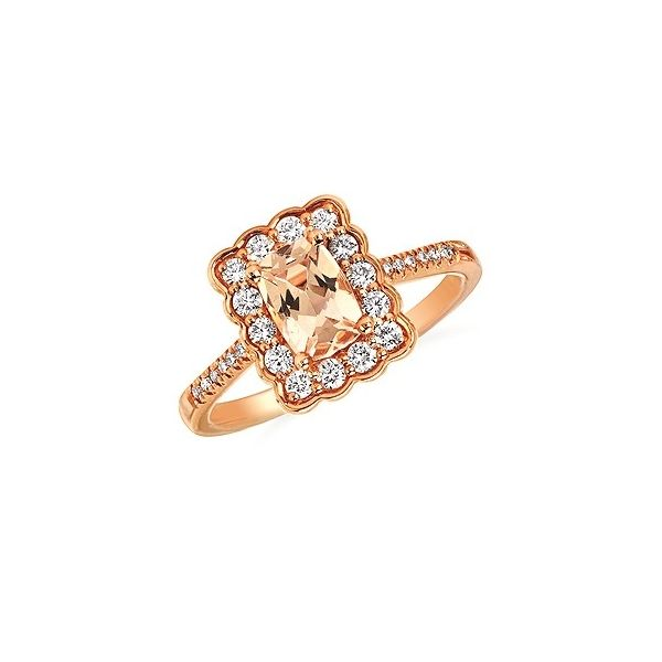 Rosé 14 Karat Fashion Ring Size 6.5 With One Ct Retangular Cushion Morganite, 12 round diamonds 0.005tw and 14 diamonds 0.025tw Barnes Jewelers Goldsboro, NC