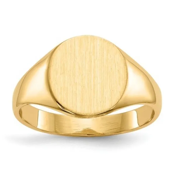 Yellow 14 Karat Signet  Ring Size 6, 10mm Engraveable top, Sizeable to 8 Barnes Jewelers Goldsboro, NC