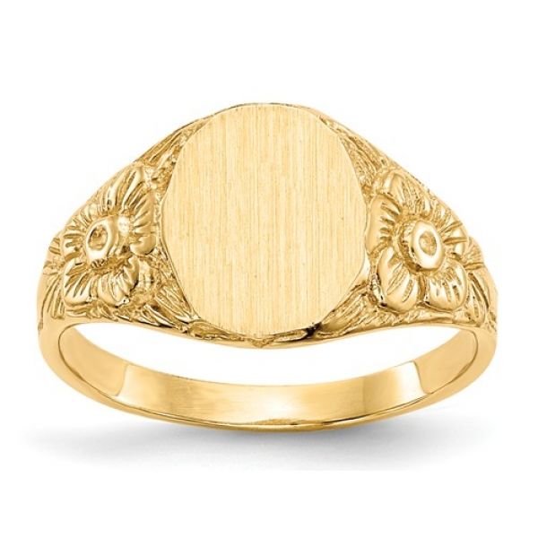 Yellow 14 Karat Signet Ring W/ Floral Sides, Size 6, 9mm Engraveable top, Max Size to 8, Barnes Jewelers Goldsboro, NC