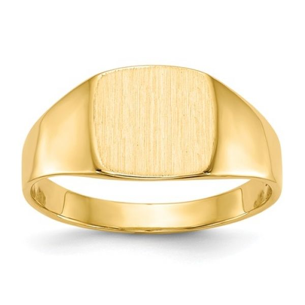 Yellow 14 Karat Signet Ring Size 7, Polished Sides,  9mm engraveable top, Max. size to 8 Barnes Jewelers Goldsboro, NC