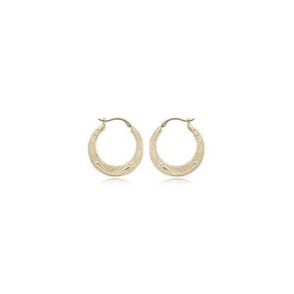 Yellow 14 Karat Embossed Flat Shell Hoop Earrings. 22mm. S/D post. Barnes Jewelers Goldsboro, NC