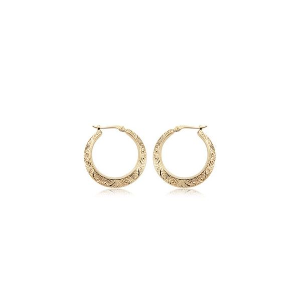 Yellow 14 Karat Small Hoop  Earrings, w/ swirls,  22mm, S/D Posts. Barnes Jewelers Goldsboro, NC