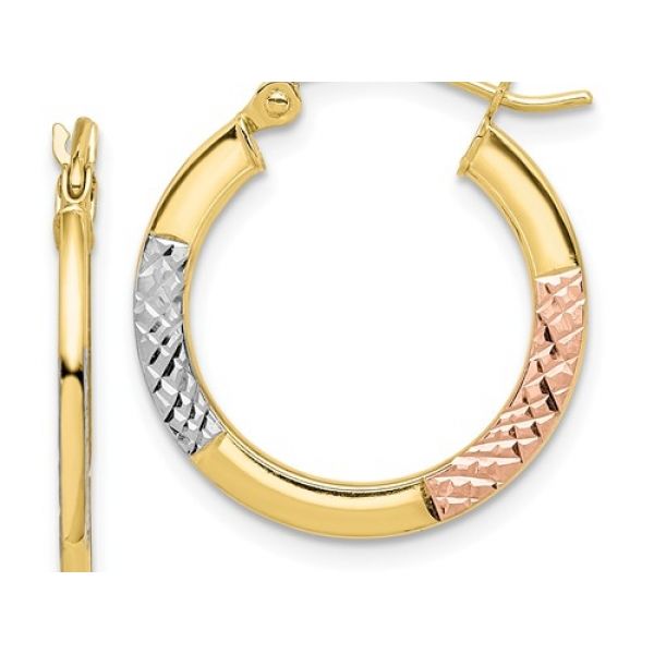 10K Yellow Hoop Earrings with White & Rosé  Rhodium DC Sections . 2.5mm x 21mm Barnes Jewelers Goldsboro, NC