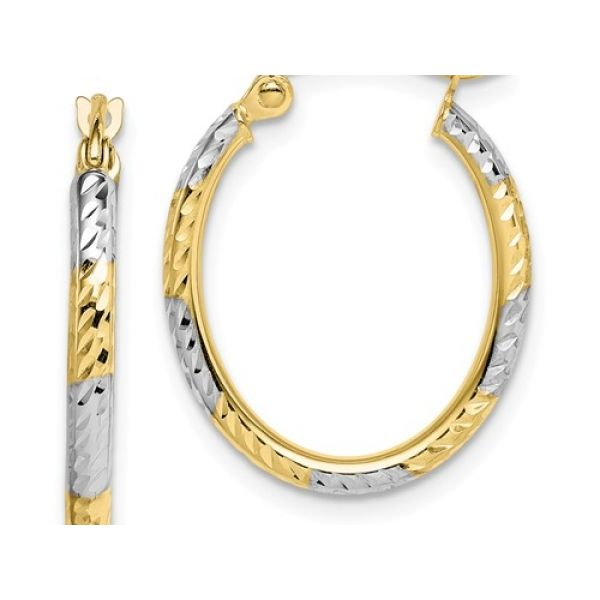 10K Yellow w/ White Rhodium 2mm Tube Oval Hoop Earrings, 21mmx 16mm. Barnes Jewelers Goldsboro, NC