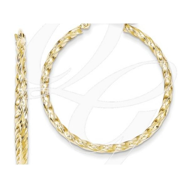 Yellow 10 Karat 2mm x  35mm Twisted D/C Hoop Earrings. Barnes Jewelers Goldsboro, NC