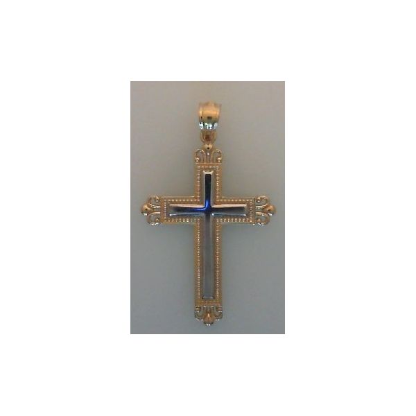 14 Karat Two tone Cross Pendant, Fancy/ Polished/Textured.  33mm x 23mm apx Barnes Jewelers Goldsboro, NC