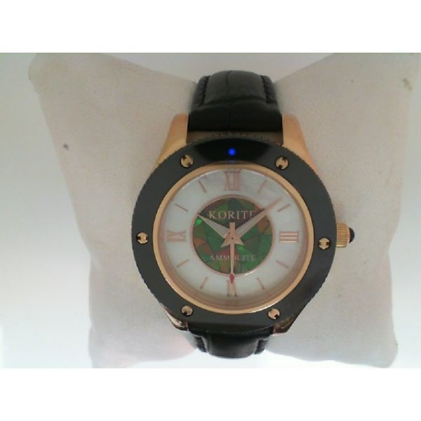 KORITE - Watch, Mosaic Ammolite & Mother of Pearl Dial,  36mm Black Ceramic Bezel, Rose Gold Plated Stainless steel,  Sapphire C Barnes Jewelers Goldsboro, NC