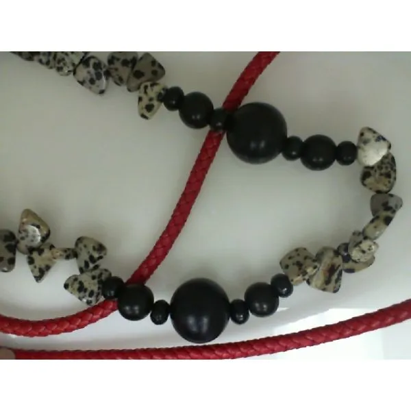 Necklace w/Woven  Red Leather, Wood Beads &  Obsidian Beads, Length 40