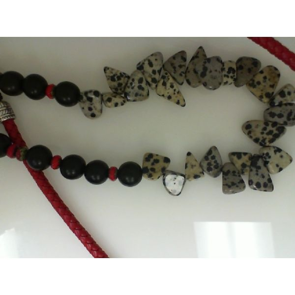 Necklace w/Red Woven Leather, Wood, Obsidian, and Ceramic Beads,  Apx 40