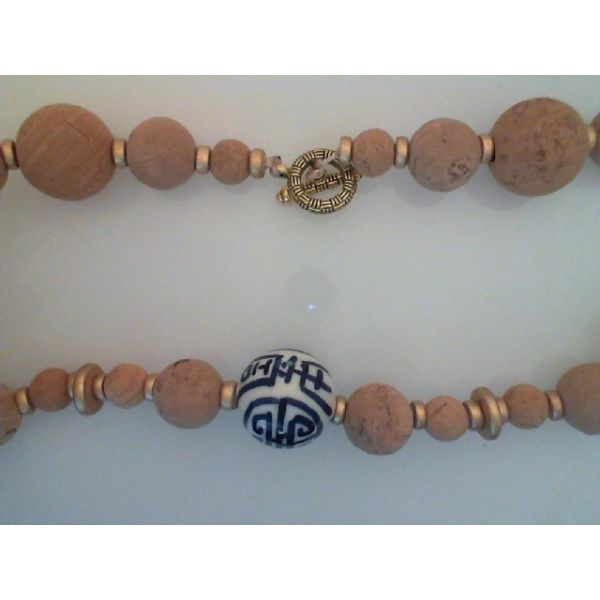 Necklace w/ Assorted Cork & Wood Beads,  and one 27mm Porcelain Bead, Toggle closure, apx 23