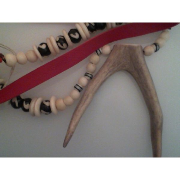 Necklace w/ Red Leather strap, assorted bone and wood  beads and antler .  apx 36