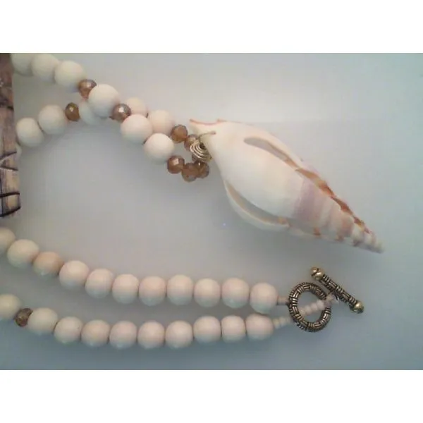 Beaded Necklace with White Wooden Beads, Amber Crystal Beads and 3.5