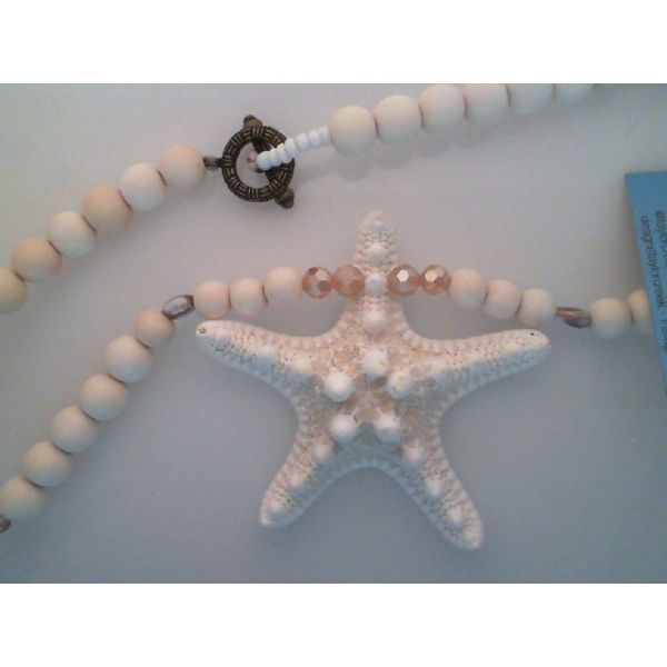 Starfish Shell Pendant with white wooden,crystal & shell beads. Length 24