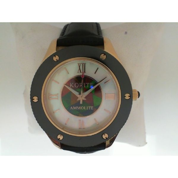 KORITE Watch, Mosaic Ammolite & Mother of Pearl Dial,  43mm Black Ceramic Bezel, Rose Gold Plated Stainless steel,  Sapphire Cry Barnes Jewelers Goldsboro, NC
