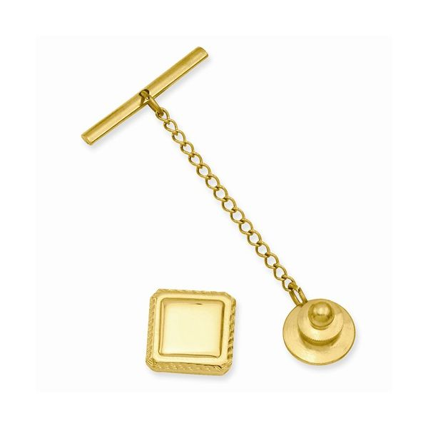 Gold Plated 12mm Square Tie Tac w/ Chain. Engravable Barnes Jewelers Goldsboro, NC