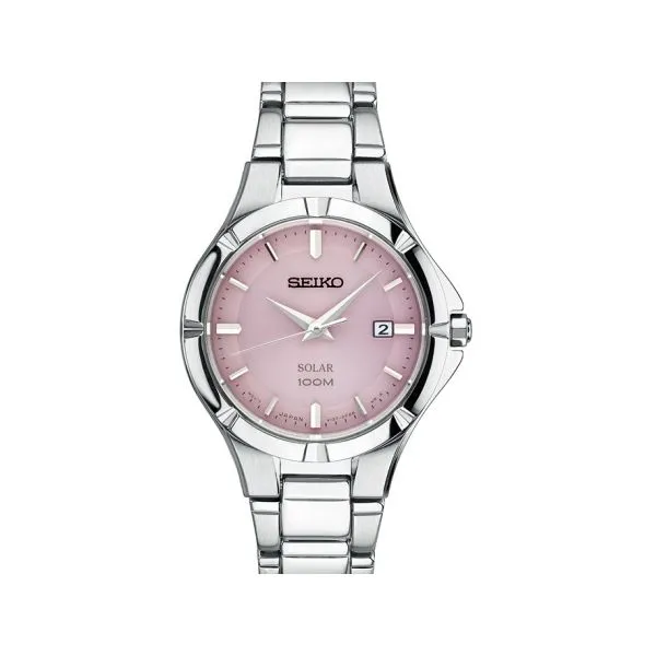 Seiko Solar Watch with Pink Dial and Stainless Steel Bracelet, 27MM Barnes Jewelers Goldsboro, NC