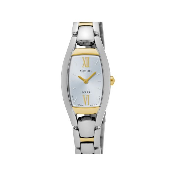 Ladies  Solar Watch, Stainless steel w/goldtone accents, Case Length 18mm, Barnes Jewelers Goldsboro, NC