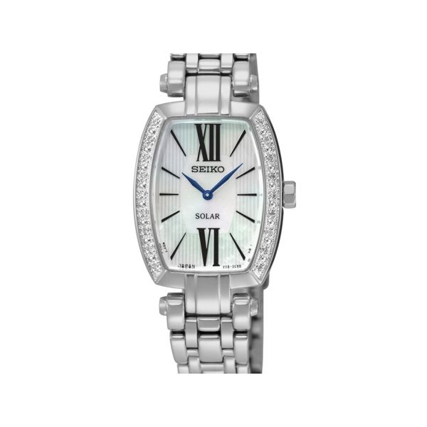 Ladies Tressia Solar Watch,  Mother of Pearl Dial, 18 Diamonds Bezel , Stainless Steel,  100 ft WR, Hardlex Crystal, 22mm Case, Barnes Jewelers Goldsboro, NC