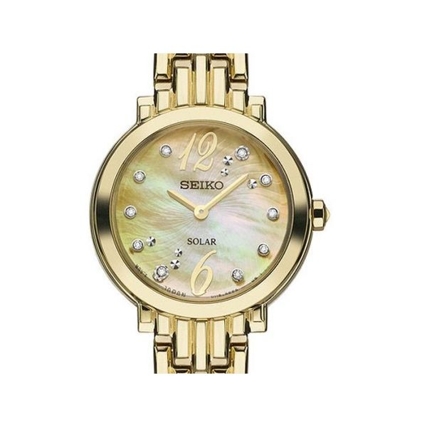 Ladies Tressia solar Watch, Yellow Stainless steel, Mother of Pearl Dial with 10 diamonds, 23.5mm, 12 month power reserve, 30M W Barnes Jewelers Goldsboro, NC
