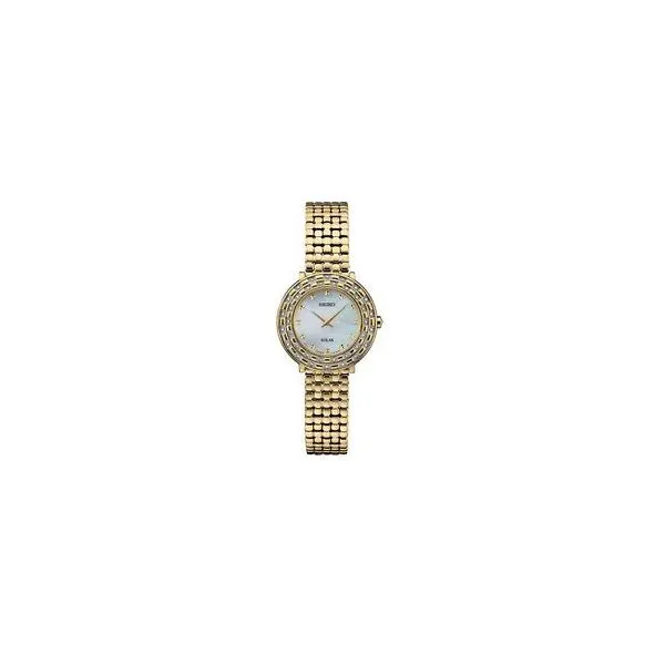 Seiko Tressia Solar Watch with Mother of Pearl Dial and Gold Tone Stainless Steel Bracelet, 29MM Barnes Jewelers Goldsboro, NC