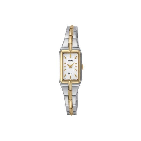 Ladies  Solar Dress  Watch, Stainless Steel w/ gold tone accents, Bangle Bracelet, White Dial Barnes Jewelers Goldsboro, NC