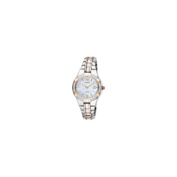 Ladies  Solar Watch, Stainless Steel w/goldtone accents, 27mm case, Mother of Pearl Dial w/ 15 Diamonds Bezel, 50M Water resista Barnes Jewelers Goldsboro, NC