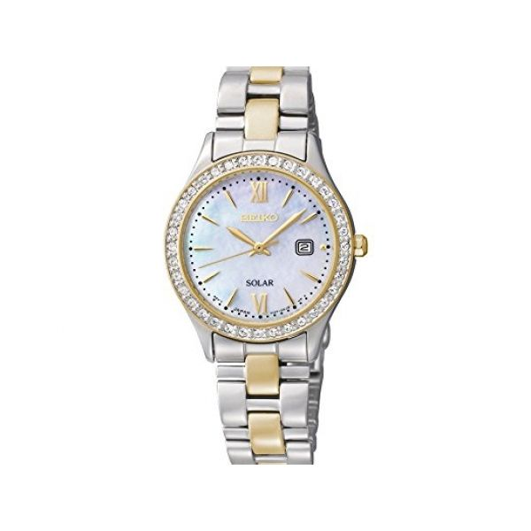 Ladies Solar Watch, Two Tone, Mother of Pearl Dial, Swarovski Crystal Bezel, Date, Hardlex Crystal. 30M W/R. Barnes Jewelers Goldsboro, NC