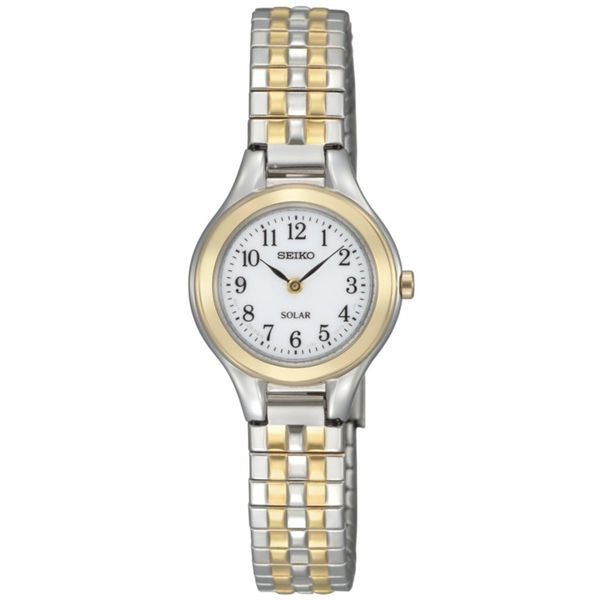 Seiko Solar Watch with White Dial and Stainless Steel Stretch Band with Gold Accents, 22MM Barnes Jewelers Goldsboro, NC