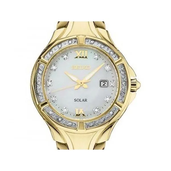 Seiko Solar Watch with Mother of Pearl Dial and Gold Stainless Steel Bracelet, 29MM Barnes Jewelers Goldsboro, NC