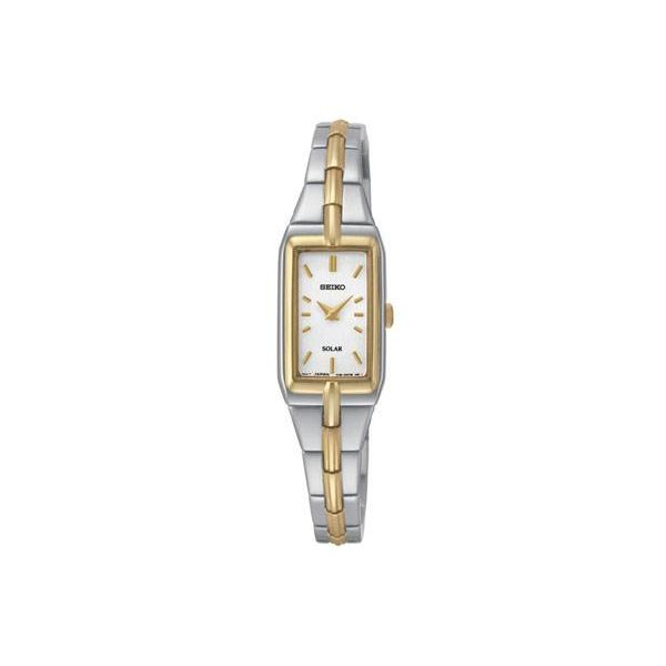 Seiko Solar Watch with White Dial and Stainless Steel Bracelet Gold Accents, 15MM Barnes Jewelers Goldsboro, NC