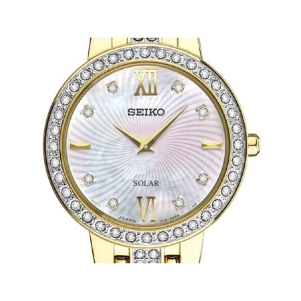 Seiko Solar Watch with Mother of Pearl Dial and Gold Stainless Steel Bracelet, 28MM Barnes Jewelers Goldsboro, NC