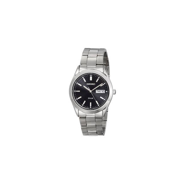 Seiko Solar Watch, Stainless Steel,  w/ black dial, Day/Date, WR, Strap/Brac.: Bracelet, Clasp: Deployment, Barnes Jewelers Goldsboro, NC