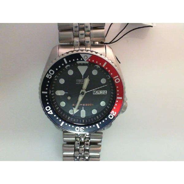 Men's Seiko Diver's watch,200 meters, Automatic, Stainless Steel, black dial, red & blue 41mm bezel, double lock tri-fold clasp  Barnes Jewelers Goldsboro, NC