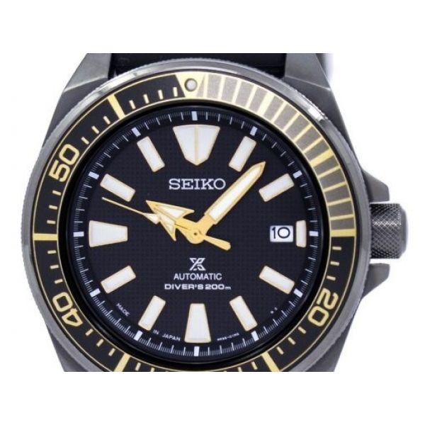 Men's Seiko Watch, Prospex, Divers, 200M W/R, Automatic, Black/gold Stainless steel,  41 hour power reserve. Date, Silicone Stra Barnes Jewelers Goldsboro, NC