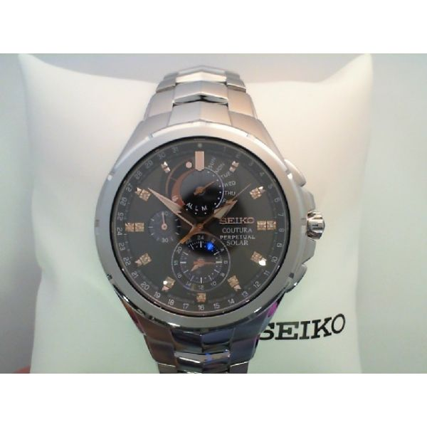 Men's Seiko Watch. Coutura, Perpetual,  Chronograph, Solar, Alarm, Two Tone Stainlesssteel,  44mm,  Brown & rose dial w/ 11 diam Barnes Jewelers Goldsboro, NC