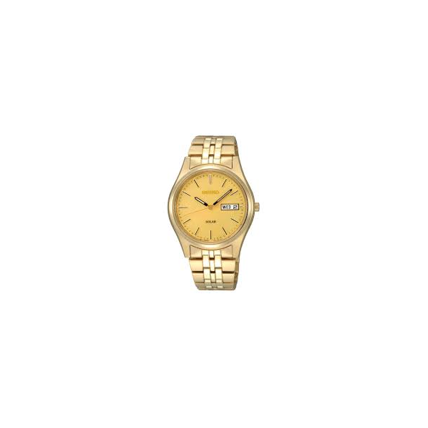 Gent's Seiko Watch, Yellow, Stainless Steel, Solar , Hardlex Crystal, W/R 30M, Lumbrite Hands & Markers, Day & Date, Strap/Brac. Barnes Jewelers Goldsboro, NC