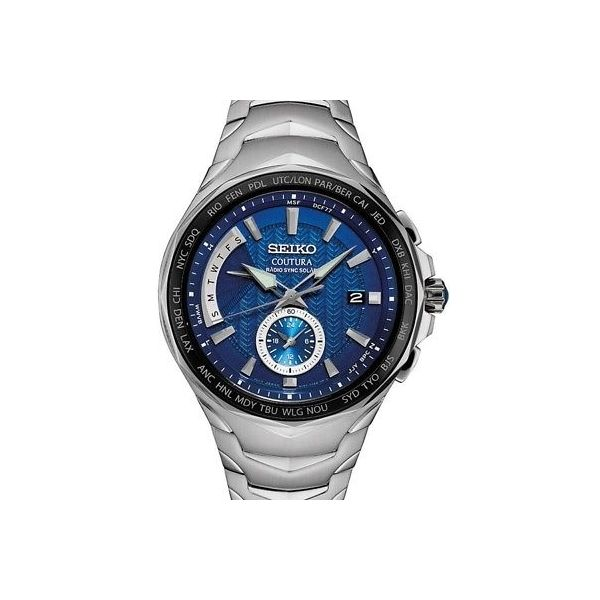 Men's  Coutura Solar Watch,  Radio Sync, World Time, 44mm diameter, Day/ Date, Glass case back, Blue Dial, Sapphire crystal, W/R Barnes Jewelers Goldsboro, NC