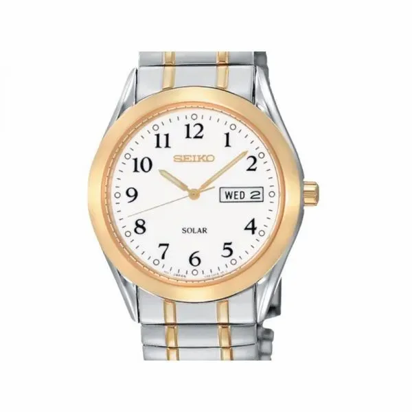 Mens  Solar Dress Watch, Stainless Steel w/goldtone accents, Day date, white dial, Lumibrite Hands, Durable Crystal, WR 30M,  ex Barnes Jewelers Goldsboro, NC