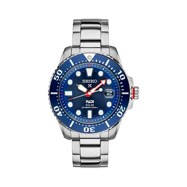 Mens PADI Divers Watch, Solar, Stainless steel bracelet, Round case 44mm, Blue multifunction dial with rotating bezel, luminous  Barnes Jewelers Goldsboro, NC