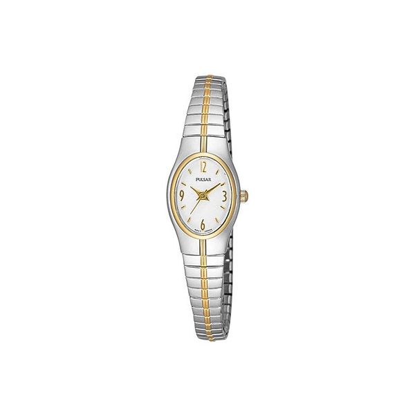 Lady's Pulsar Watch,  Oval White Dial, Two-Tone, Expansion Band,  Pulsar PC3092 Barnes Jewelers Goldsboro, NC