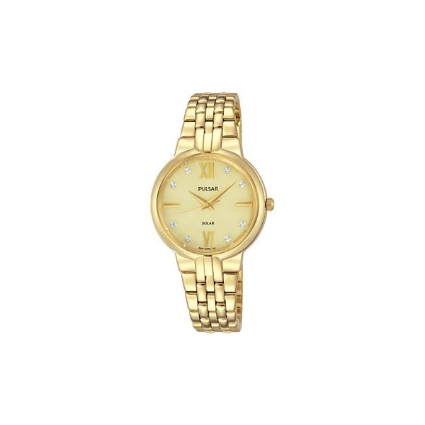 Ladies Pulsar Solar Watch, Essentials Collection, Yellow Stainless Steel , 29mm dial, 8 Swarovski Crystals, Push Button Release  Barnes Jewelers Goldsboro, NC