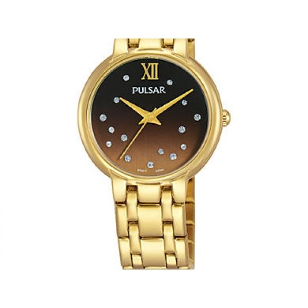 Ladies Watch,   Crystal Collection.  Yellow Stainless Steel,  29mm,  Mineral Crystal,  2 Tone Brown Dial w/15 Swarovski Crystals Barnes Jewelers Goldsboro, NC