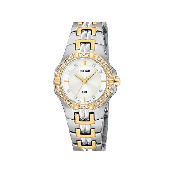 Womens Pulsar Watch,Silvertone with Gold tone Accents,  27.0mm, 46 Swarovski® crystals, 50M water resistant Barnes Jewelers Goldsboro, NC