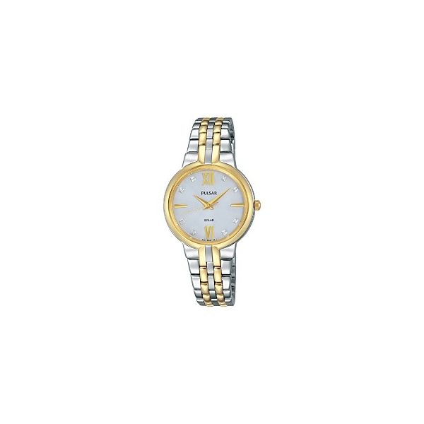 Pulsar Women's Solar Watch, Stainless Steel w/ Gold tone accents, 29mm Case,8 Swarovski® crystals, 4-Month power reserve once f Barnes Jewelers Goldsboro, NC