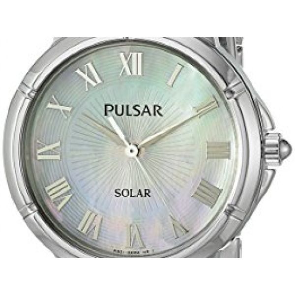 Womens Pulsar Solar Watch, Silvertone, w/ Blue Mother of Pearl Dial, 31mm Case, 100FT WR, Mineral Crystal Barnes Jewelers Goldsboro, NC